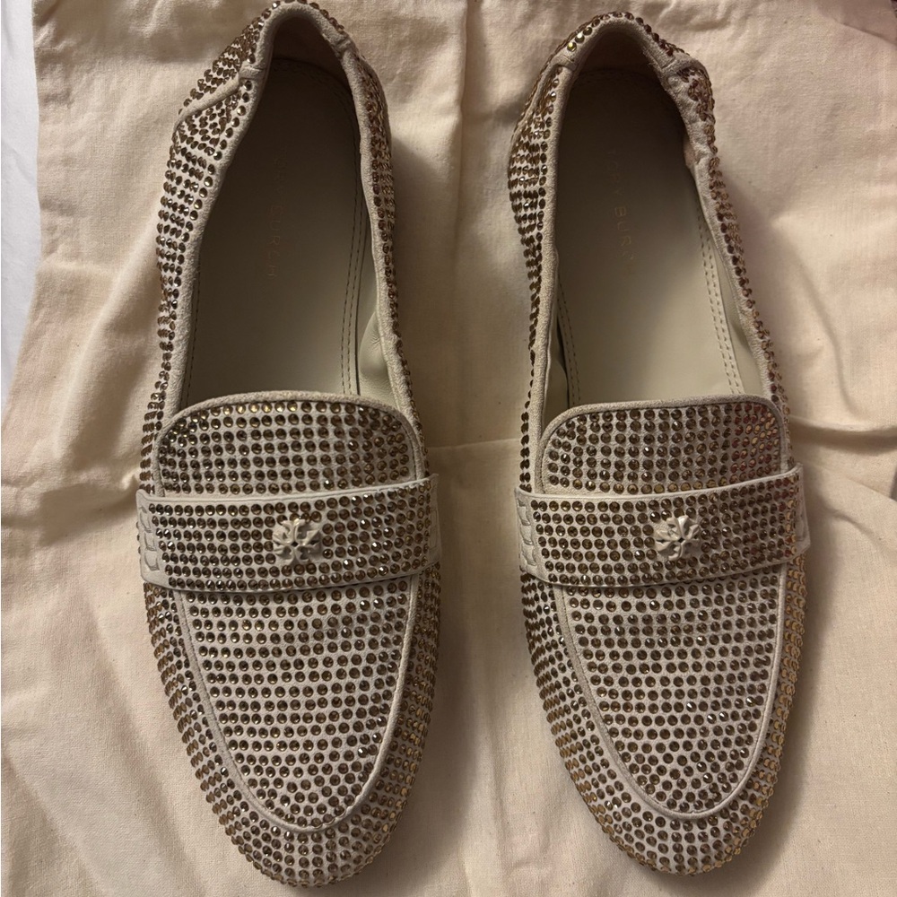 Tory Burch leather crystal Loafers in new cream size 7.5 - Picture 4 of 14